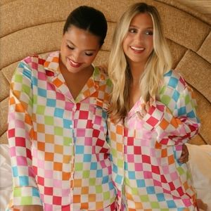 🌈 NEW! Show Me Your Mumu Checkered Rainbow Pajama Set, PJs Silky